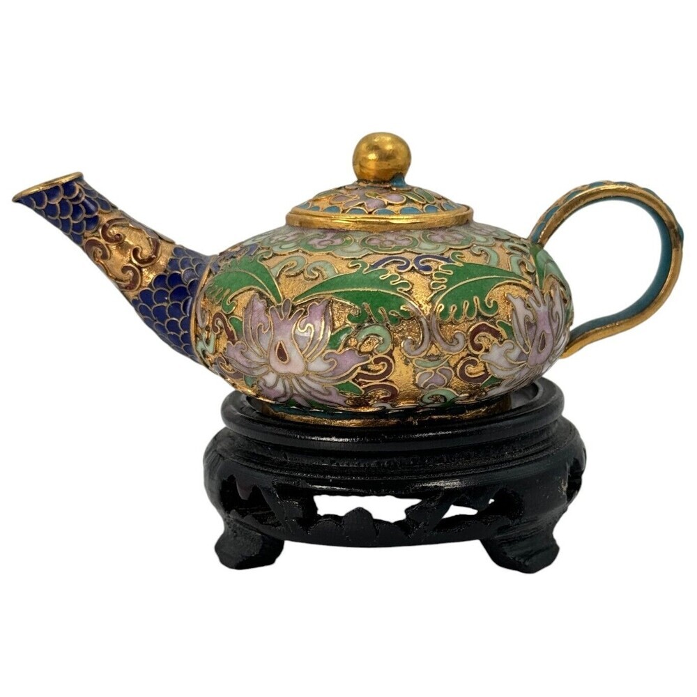 Cloisonne Miniature Teapot With Stand High Relief Brass And Enamel Cloisonné